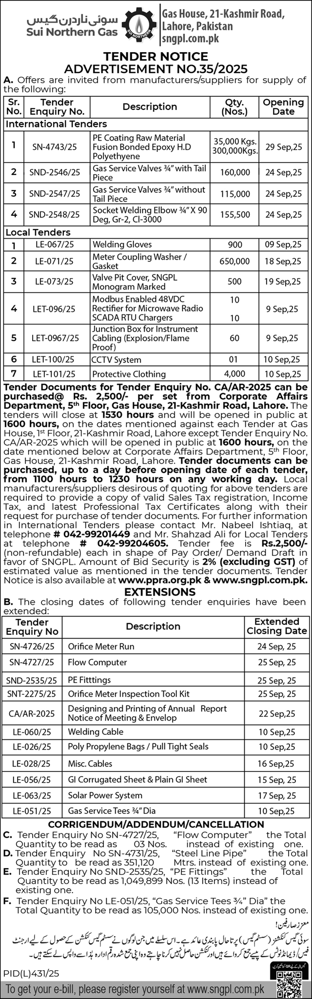 Sui Northern Gas Company Limited Lahore Tender Notice